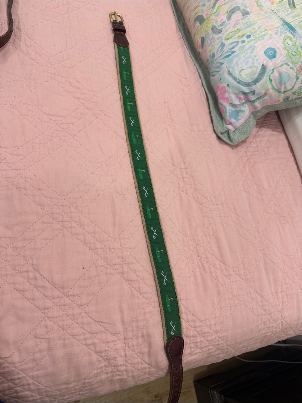 Green Embroidered Quilted Strap with Leather Ends